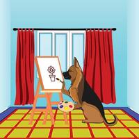 um cachorro sentado no chão pintando no quadro de arte no quarto. ilustração em vetor cão colorido dos desenhos animados plana.
