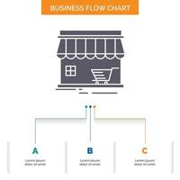 fazer compras. armazenar. mercado. prédio. design de fluxograma de negócios de compras com 3 etapas. ícone de glifo para lugar de modelo de plano de fundo de apresentação para texto. vetor