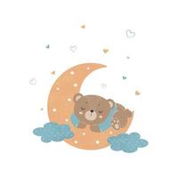 ursinho fofo dormindo na lua. ilustração infantil para cartazes, estampas de tecido e cartões infantis em fundo branco. vetor