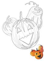 abóboras de halloween engraçadas no estilo doodle, livro para colorir, página para colorir para crianças e adultos vetor