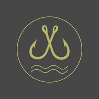 adesivo de vetor de gancho de pesca de ouro. emblema para o seu barco de pesca. logotipo para negócios de peixes. fundo preto.
