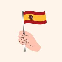 mão dos desenhos animados segurando a bandeira espanhola. bandeira da espanha, ilustração do conceito, vetor de design plano isolado.