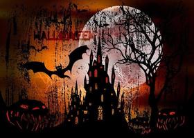 festa de halloween, ilustração vetorial mística, fundo laranja escuro em uma lua cheia assustadora com silhuetas de personagens e morcegos assustadores com castelo gótico assombrado, conceito de tema de terror vetor