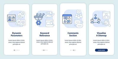 otimização avançada do mecanismo de pesquisa azul claro na tela do aplicativo móvel. passo a passo 4 etapas de instruções editáveis com conceitos lineares. ui, ux, modelo de gui. vetor