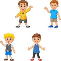 conjunto de coleção de meninos dos desenhos animados acenando a mão vetor