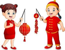 desenho animado menino e menina em traje chinês vetor