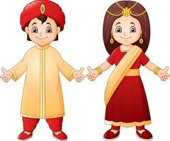 casal indiano de desenho animado vestindo traje tradicional vetor