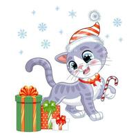 gatinho cinza fofo de natal com ilustração vetorial de presentes vetor