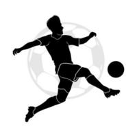 silhueta de jogador de futebol profissional pulando e chutando uma bola isolada no fundo branco vetor