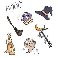 conjunto de elementos mágicos de bruxa, poção de símbolos de bruxaria, chapéu de bruxa, vassoura, vela, zumbi hand.flat elementos design coleção pastel doodles de halloween para cartão, cartaz, design de convite. vetor