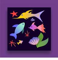 mar com peixes, estrelas do mar, algas e enguias. ilustração vetorial do mundo subaquático e do oceano. habitantes marinhos. vetor