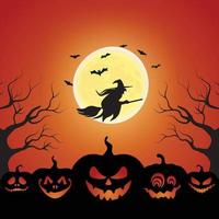 uma bruxa voando em uma noite de lua cheia assustadora. abóbora de halloween assustador e fundo isolado de morcego. vetor