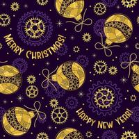 padrão com engrenagens e bolas de natal feitas de latão brilhante, placas de metal dourado, engrenagens, rodas dentadas, rebites em estilo steampunk em violeta. fundo de natal. vetor
