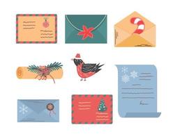 conjunto de natal de envelopes e cartas para o papai noel. coleção de correio decorada de ano novo. elementos festivos para enviar mensagens. vetor