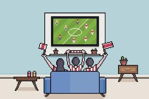 fãs de pixel art assistindo futebol na tv na sala de estar, sul-coreanos assistindo a copa do mundo de futebol fundo de 8 bits vetor