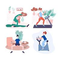 conjunto de treinamento esportivo em casa. atividade de fitness de pessoas no quarto, mulher e homem fazendo exercícios físicos ioga e ginástica em casa. ilustração de esporte de estilo simples. vetor