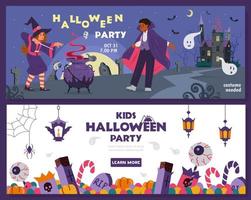 Conjunto de vetores de panfletos de convite de festa infantil de halloween. crianças em trajes, ilustrações de decorações de halloween.