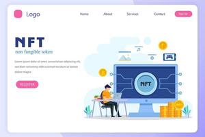 token não fungível nft, tecnologia blockchain de arte criptográfica digital, ilustração vetorial plana, vetor