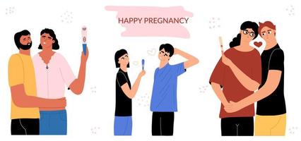 diferentes famílias felizes esperando um bebê. teste de gravidez positivo. futuros pais de ilustração vetorial desenhada de nationality.hand diferente. vetor