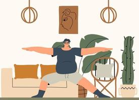 homem com excesso de peso positivo do corpo fazendo o exercício em casa. interior em estilo boho. mão desenhada ilustração vetorial. vetor