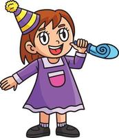 garota de ano novo tocando chifre cartoon clipart colorido vetor
