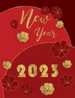 feliz ano novo 2023 design de texto cosmos flor dourada vetor