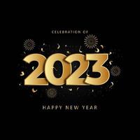 celebração de feliz ano novo 2023 design de cartaz de saudação de ouro, celebração de feriado de ano novo em dezembro vetor