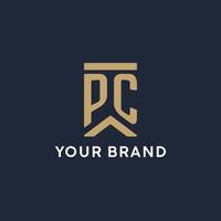 design do logotipo do monograma inicial do pc em estilo retangular com lados curvos vetor