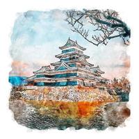 castelo de matsumoto japão desenho em aquarela ilustração desenhada à mão vetor