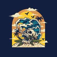 design gráfico de camiseta de praia de verão de caveira, estilo de linha desenhado à mão com cor digital, ilustração vetorial vetor