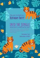 cartão de convite de aniversário com tigres. design de convite vertical para festas de aniversário. ilustração em vetor falt colorido com moldura de folhas de selva.