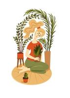 garota se senta em um tapete cercado por plantas da casa e abraça um vaso com uma flor interna. vetor