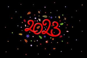 Banner de ano novo de 2023 com números de números manuscritos simples e formas dentro de confete em fundo preto. vetor