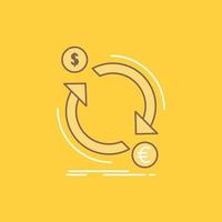 intercâmbio. moeda. finança. dinheiro. converter ícone cheio de linha plana. botão de logotipo bonito sobre fundo amarelo para ui e ux. site ou aplicativo móvel