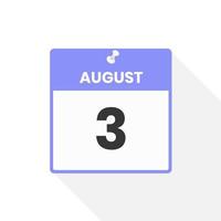 ícone de calendário de 3 de agosto. data, ilustração em vetor ícone do calendário do mês