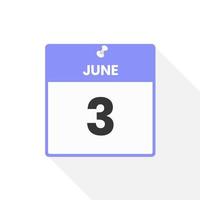 ícone de calendário de 3 de junho. data, ilustração em vetor ícone do calendário do mês