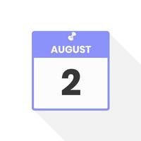 ícone de calendário de 2 de agosto. data, ilustração em vetor ícone do calendário do mês