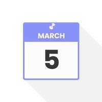 ícone de calendário de 5 de março. data, ilustração em vetor ícone do calendário do mês