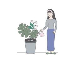 uma menina rega uma planta de casa vetor