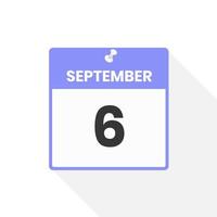 ícone de calendário de 6 de setembro. data, ilustração em vetor ícone do calendário do mês