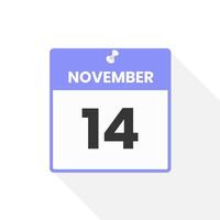 ícone de calendário de 14 de novembro. data, ilustração em vetor ícone do calendário do mês