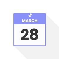 ícone de calendário de 28 de março. data, ilustração em vetor ícone do calendário do mês