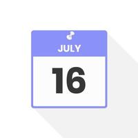 ícone de calendário de 16 de julho. data, ilustração em vetor ícone do calendário do mês