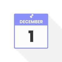 ícone de calendário de 1º de dezembro. data, ilustração em vetor ícone do calendário do mês