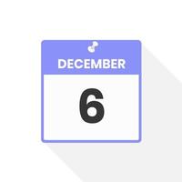 ícone de calendário de 6 de dezembro. data, ilustração em vetor ícone do calendário do mês