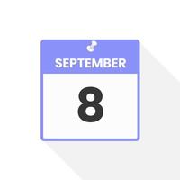 ícone de calendário de 8 de setembro. data, ilustração em vetor ícone do calendário do mês