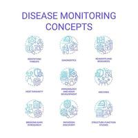 conjunto de ícones de conceito gradiente azul de monitoramento de doenças. saúde pública. ilustração de cores de linha fina de ideia de vigilância de infecção. símbolos isolados vetor