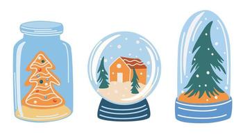 globo de neve de cristal com paisagem de inverno e conjunto de casa. bola de vidro mágica para o conceito de férias de natal de inverno. conceito de ícone de globo de neve desenho ícone em estilo moderno. ilustração vetorial desenhada à mão isolada vetor