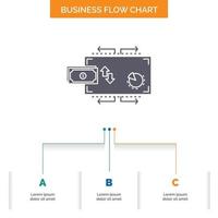 finança. fluxo. marketing. dinheiro. design de fluxograma de negócios de pagamentos com 3 etapas. ícone de glifo para lugar de modelo de plano de fundo de apresentação para texto. vetor