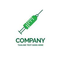 seringa. injeção. vacina. agulha. tiro modelo de logotipo de negócios plana. design de marca verde criativo. vetor